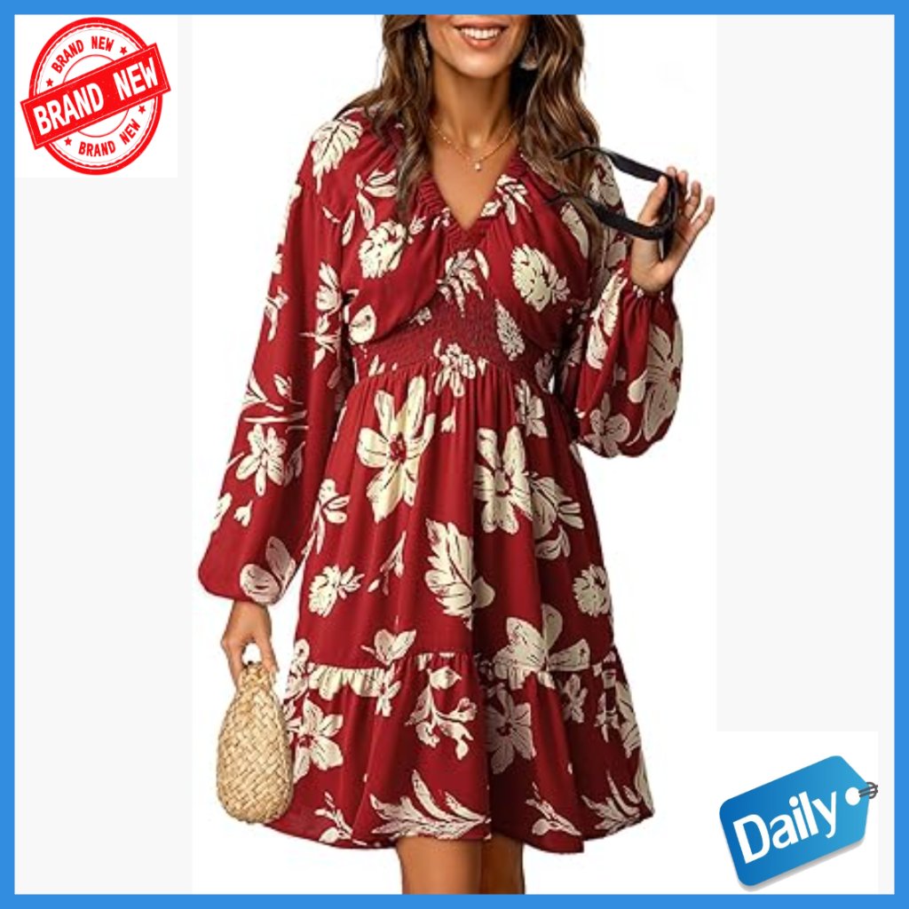 Boho Floral V-Neck Long Sleeve Smocked Waist A-Line Mini Dress